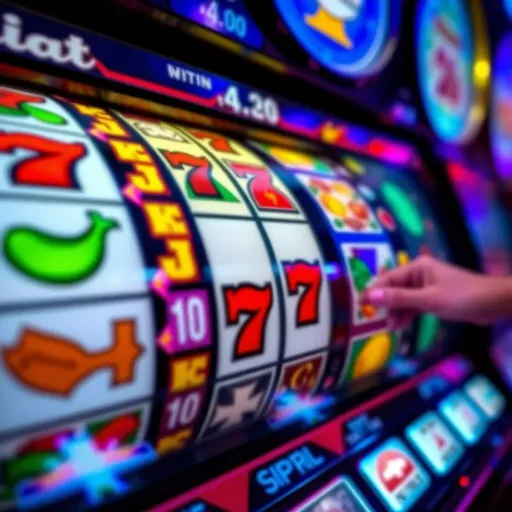 Colorful Slot Machine Reels in Action Close-up view of a colorful slot machine with spinning reels and various symbols