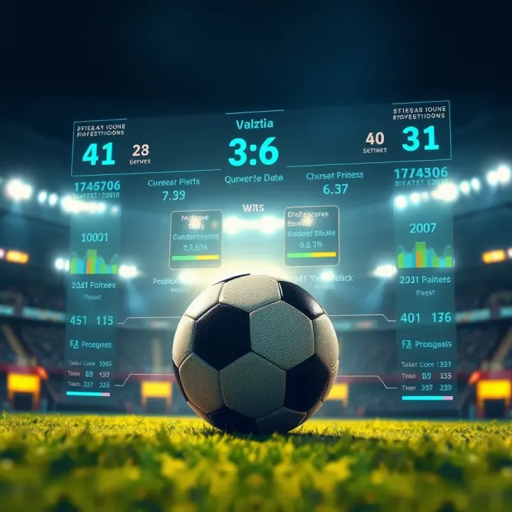 Visualizing Football Match Data for Accurate Score Predictions Football pitch with digital data overlays showing match statistics and score predictions