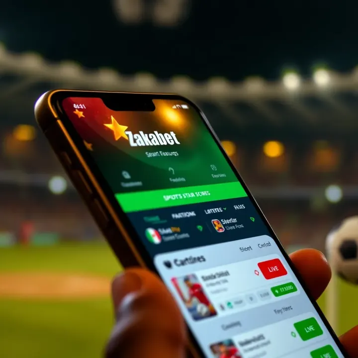 Zakabet Starz App Interface Showcasing Sports Betting Features Mobile phone displaying Zakabet Starz app with sports betting options and live scores