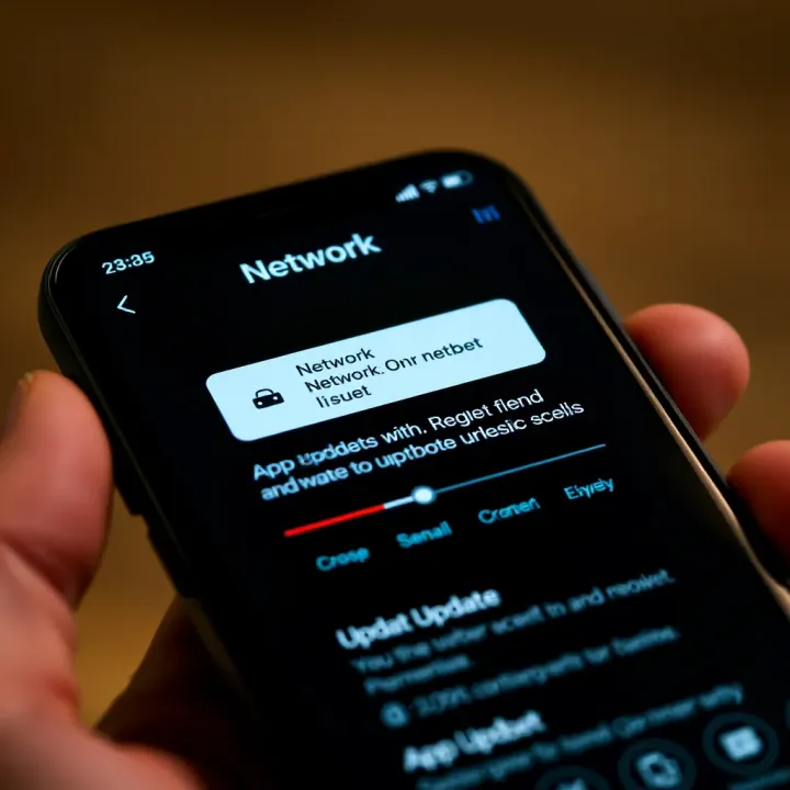 Troubleshooting Network and Update Issues for Zakabet Close-up of a smartphone showing network signal strength and app update notification