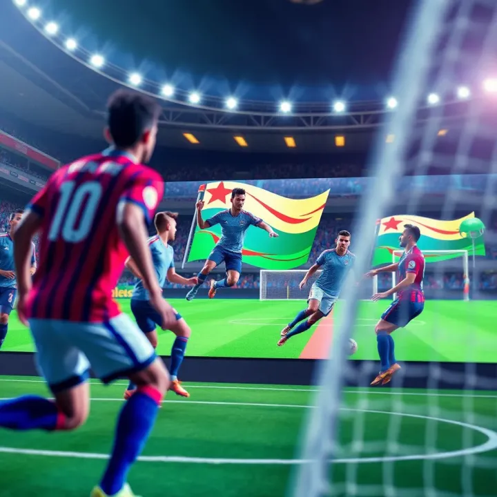 Visual Representation of a Virtual Football Match in Zakabet League Illustration of virtual football players competing on a digital pitch with vibrant graphics