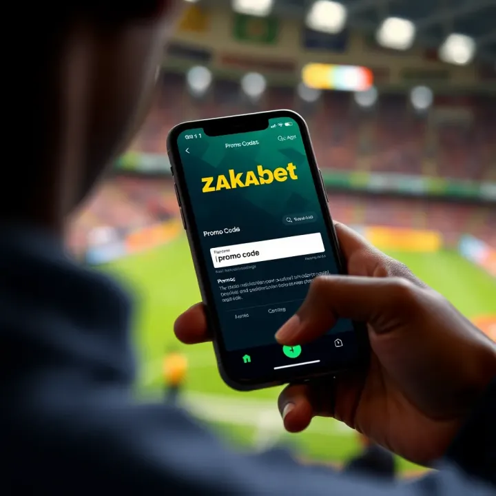 Mobile phone screen showing Zakabet app interface with promo code input field