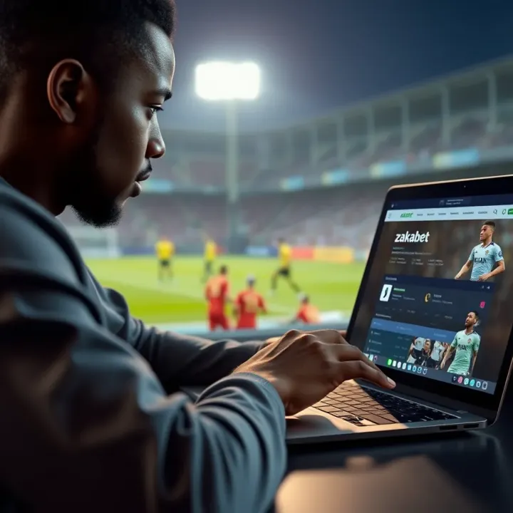 Nigerian football fan placing a bet online with Zakabet interface visible on a laptop screen